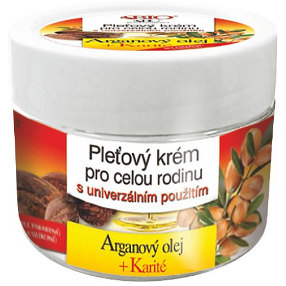 Bione Cosmetics Arganový olej + karité pleťový krém pro celou rodinu 260 ml – kulatá dóza s bílým víčkem a barevným potiskem