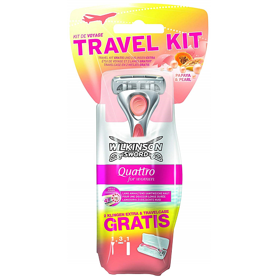 Wilkinson Sword Quattro for Woman Papaya & Pearl Travel Kit holicí strojek 3 břitý pro ženy + pouzdro