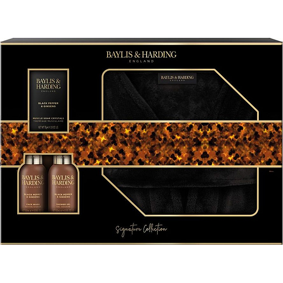 Baylis & Harding Men czarny pieprz i jaśmin żel do mycia ciała i włosów 100 ml + żel oczyszczający do twarzy 100 ml + sól do kąpieli 75 g + luksusowy szlafrok, kosmetyczny zestaw dla mężczyzn