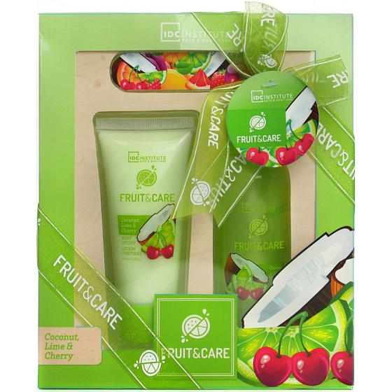 Idc Institute Fruit & Care Coconut, Lime & Cherry sprchový gel 100 ml + tělové mléko 60 ml + pilník na nehty 1 kus, kosmetická sada