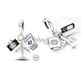 Zawieszka ze srebra próby 925 Paszport, samolot, aparat 3w1, charms do bransoletki podróżnej