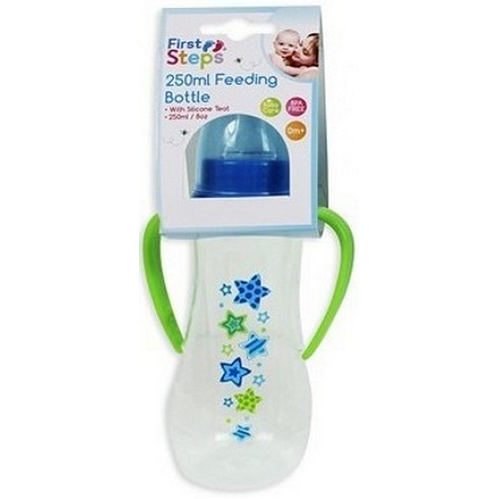 First Steps Stars 0+ kojenecká lahev modrá s 2 úchopy 250 ml