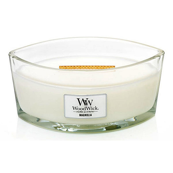 WoodWick Magnolia - Magnólie vonná svíčka s dřevěným širokým knotem a víčkem sklo loď 453 g