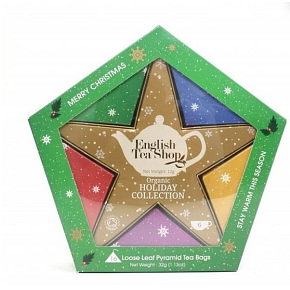 English Tea Shop Bio Holiday Collection Gold Star Biały herbata, liście i kakao + Sezonowa Siesta + Energia na święta + Orzeźwienie po imprezach + Mięta i arbuz + Napój Chai tea 16 sztuk pyramidek herbaty, 32 g