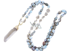 108 Mała Larimar naszyjnik medytacyjny kamień, naturalny kamień surowy kryształ, nugget 6 - 9 mm, wisiorek 8 - 15 x 45 - 70 mm
