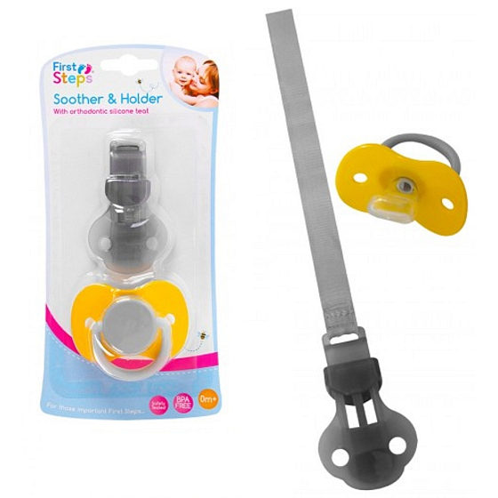 First Steps Bpa Free Šidítko s ortodontickou silikonovou savičkou a upevňovacím páskem žlutošedé 2 kusy