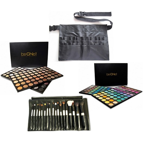 Be Chic! Make-up Artist Professional Art paleta 120 očních stínů + Professional Art Set Warm paleta 120 očních stínů + sada 18 kusů kosmetických štětců + profesionální pouzdro na štětce s opaskem, kosmetická sada