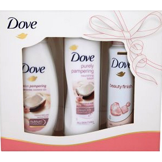 Dove Kokosové mléko a květy jasmínu vyživující sprchový gel 250 ml + tělové mléko 250 ml + Beauty Finish antiperspirant deodorant sprej pro ženy 150 ml, kosmetická sada