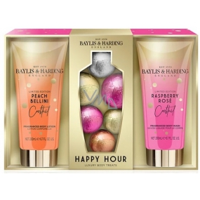 Baylis & Harding Koktejlová hodina Malinová růže mycí gel 200 ml + Broskvové Bellini tělové mléko 200 ml + šumivý balistik do koupele 6 kusů, kosmetická sada