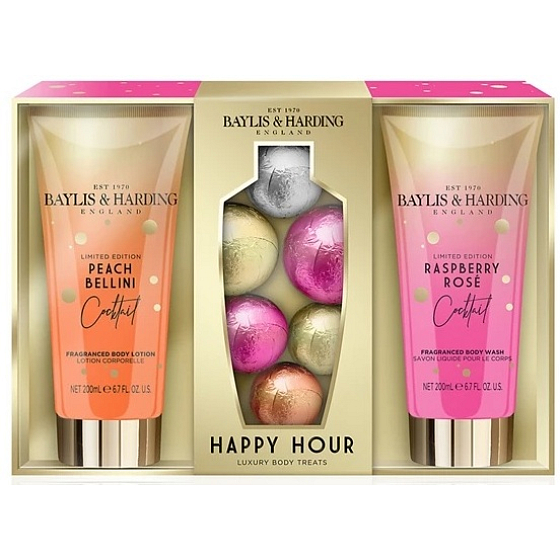 Baylis & Harding Koktejlová hodina Malinová růže mycí gel 200 ml + Broskvové Bellini tělové mléko 200 ml + šumivý balistik do koupele 6 kusů, kosmetická sada
