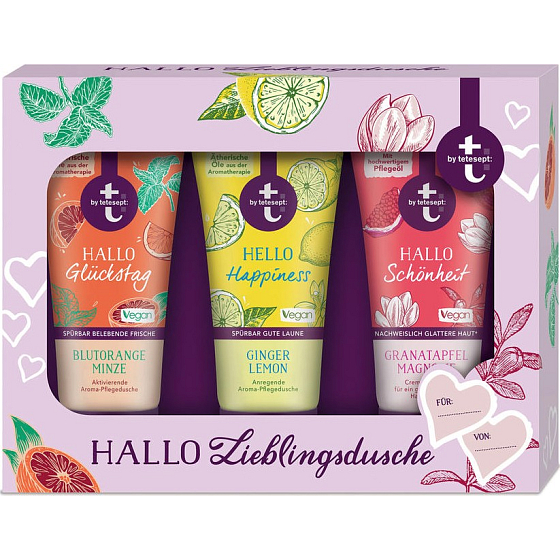 T: BY Tetesept Miniatury sprchových gelů Hallo Gluckstag + Hello Happiness + Hello Schonheit 3 x 50 ml, kosmetická sada