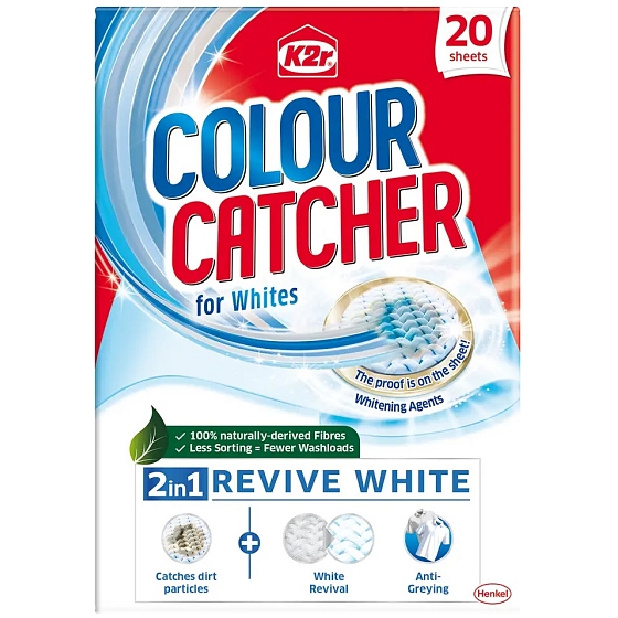 K2r Colour Catcher Stop obarvení prací ubrousky pro bílé prádlo a oživení bílé 20 kusů