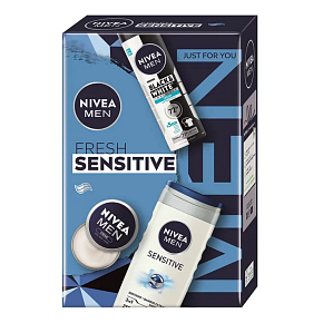 Nivea Men Fresh Sensitive Invisible Black & White Fresh antyperspirant spray 150 ml + Nivea Men Sensitive żel pod prysznic 250 ml + Nivea Men Creme krem do twarzy, ciała i rąk 30 ml, zestaw kosmetyków dla mężczyzn