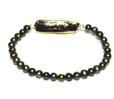 Perla říční černá s ozdobou náramek elastický přírodní, kulička 4-5 mm / 16 - 17 cm, symbol ženskosti, přináší obdiv