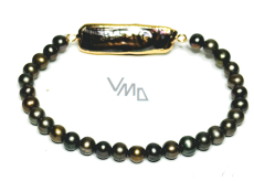 Perla říční černá s ozdobou náramek elastický přírodní, kulička 4-5 mm / 16 - 17 cm, symbol ženskosti, přináší obdiv