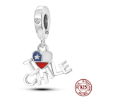 Charm Srebrna 925 Chilijska flaga serce - Kocham Chile - I Love Chile, 2w1 zawieszka na bransoletkę podróżniczą