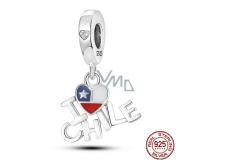 Charm Srebrna 925 Chilijska flaga serce - Kocham Chile - I Love Chile, 2w1 zawieszka na bransoletkę podróżniczą