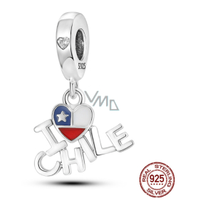 Charm Srebrna 925 Chilijska flaga serce - Kocham Chile - I Love Chile, 2w1 zawieszka na bransoletkę podróżniczą