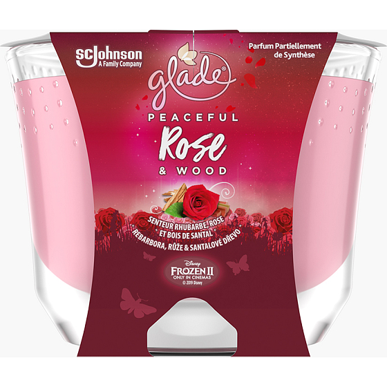Glade Maxi Peaceful Rose & Wood s vůní rebarbory, růže a santalového dřeva vonná svíčka ve skle, doba hoření až 52 hodin 224 g