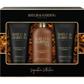 Baylis & Harding Černý pepř a ženšen sprchový gel 200 ml + mycí gel na tělo a vlasy 300 ml + balzám po holení 200 ml, kosmetická sada pro muže