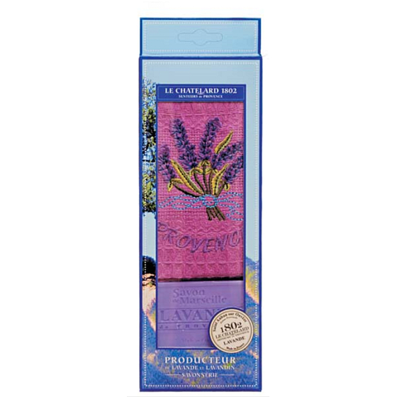 Le Chatelard Levandule toaletní mýdlo 100 g + fialový bavlněný ručník 40 x 60 cm kosmetická sada
