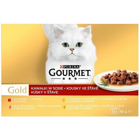 Gourmet Gold Multipack wołowina, jagnięcina, kaczka, kurczak, wątróbka, łosoś puszka dla dorosłych kotów 12 x 85 g