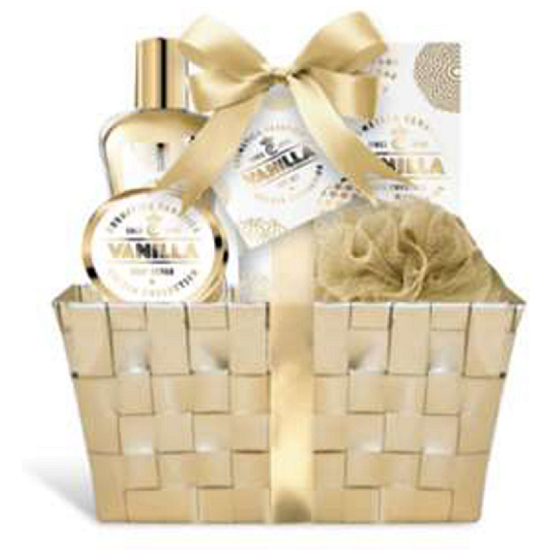 Cosmetica Fanatica Vanilla tělové mléko 95 ml + sprchový gel 190 ml + tělový peeling 50 ml + sůl do koupele 50 g + koupelová žínka + košík, kosmetická sada