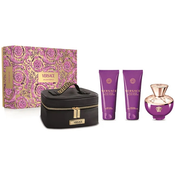 Versace Dylan Purple woda perfumowana 100 ml + mleczko do ciała 100 ml + żel pod prysznic 100 ml + kuferek, zestaw prezentowy dla kobiet