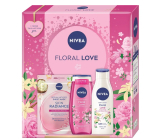 Nivea Floral Love Skin Radiance maska ​​tkaninowa na twarz + Nivea Floral Love żel pod prysznic 250 ml + Nivea Floral Love mleczko do ciała 250 ml, zestaw kosmetyczny dla kobiet