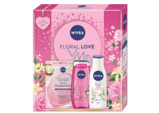Nivea Floral Love Skin Radiance maska tkaninowa na twarz + Nivea Floral Love żel pod prysznic 250 ml + Nivea Floral Love mleczko do ciała 250 ml, zestaw kosmetyczny dla kobiet