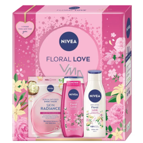 Nivea Floral Love Skin Radiance maska ​​tkaninowa na twarz + Nivea Floral Love żel pod prysznic 250 ml + Nivea Floral Love mleczko do ciała 250 ml, zestaw kosmetyczny dla kobiet