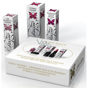 Regina Retro Edice I. rtěnka s vitamínem E odstín tmavě růžový s perletí 3,3 g + lak na nehty tmavě růžový 8 ml + líčidlo na řasy černé - náhradní náplň do řasenky 5,8 g, kosmetická sada