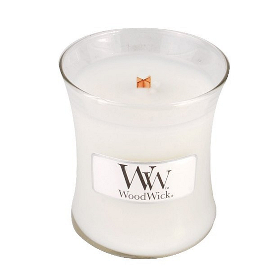 WoodWick Island Coconut - Kokosowa wyspa zapachowa świeczka z drewnianym knotem i wieczkiem szklanym mała 85 g