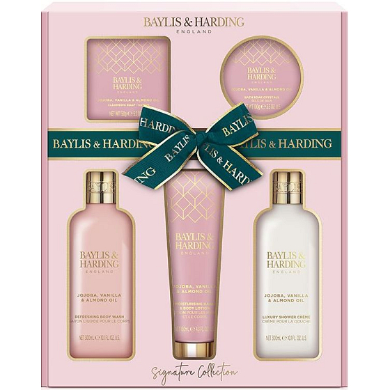 Baylis & Harding Jojoba, Vanilka & Mandlový olej mycí gel 300 ml + sprchový krém 300 ml + toaletní mýdlo 150 g + mléko na ruce a tělo 130 ml + tělové máslo 100 ml, kosmetická sada pro ženy