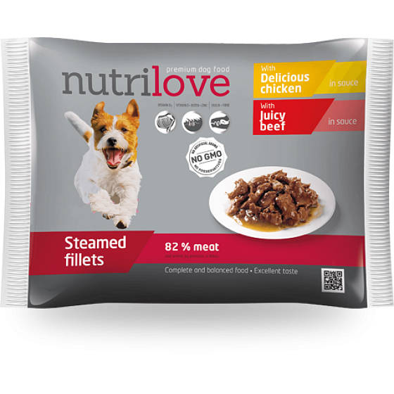 Nutrilove Dušené filetky s delikátním kuřecím v omáčce, dušené filetky se šťavnatým hovězím kompletní krmivo pro psy kapsička 4 x 85 g