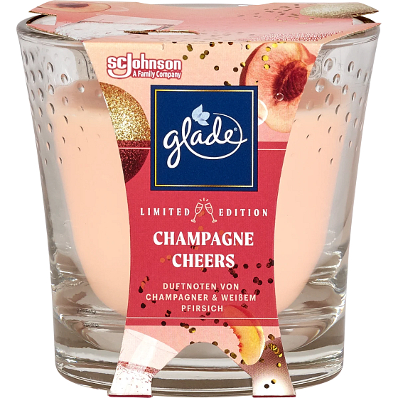 Glade Champagne Cheers z zapachem szampana i soczystej brzoskwini, czas palenia do 38 godzin 129 g