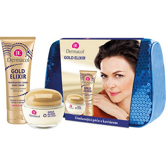 Dermacol Gold Elixir SPF10 Omlazující kaviárový denní krém 50 ml + omlazující kaviárový krém na ruce 75 ml + taštička, kosmetická sada