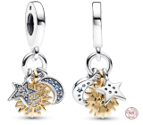 Charm Srebrny 925 Niebieskie czary z cyrkoniami, słońce, gwiazda, półksiężyc, 3w1 zawieszka na bransoletkę wszechświat