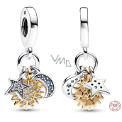 Charm Srebrny 925 Niebieskie czary z cyrkoniami, słońce, gwiazda, półksiężyc, 3w1 zawieszka na bransoletkę wszechświat