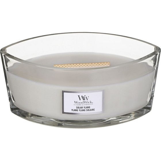 WoodWick Solar Ylang - Sluneční Ylang vonná svíčka s dřevěným širokým knotem a víčkem loď 453 g
