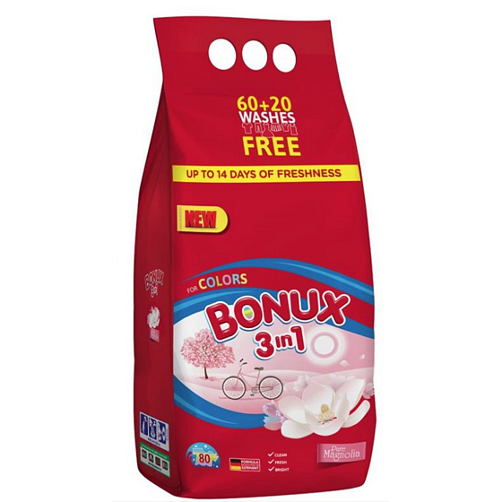 Bonux Color Pure Magnolia 3v1 prací prášek na barevné prádlo 60 + 20 dávek 6 kg