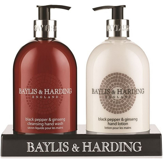 Baylis & Harding Men Černý pepř a Ženšen tekuté mýdlo dávkovač 500 ml + mléko na ruce dávkovač 500 ml, kosmetická sada pro muže