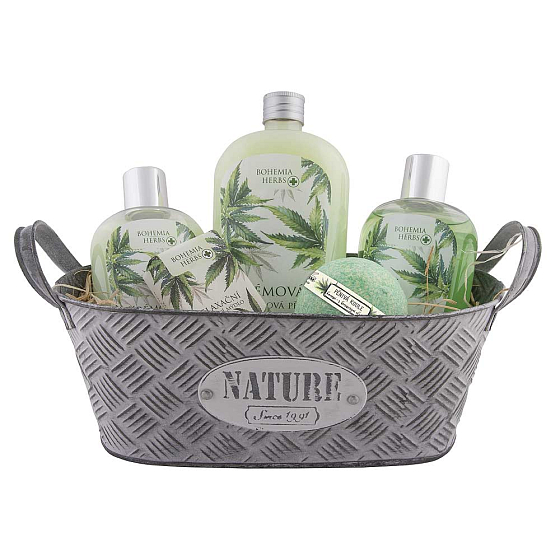 Bohemia Gifts Cannabis Konopný olej sprchový olej 250 ml + toaletní mýdlo 100 g + koupelová pěna 500 ml + šumivá bomba 100 g dárková ošatka