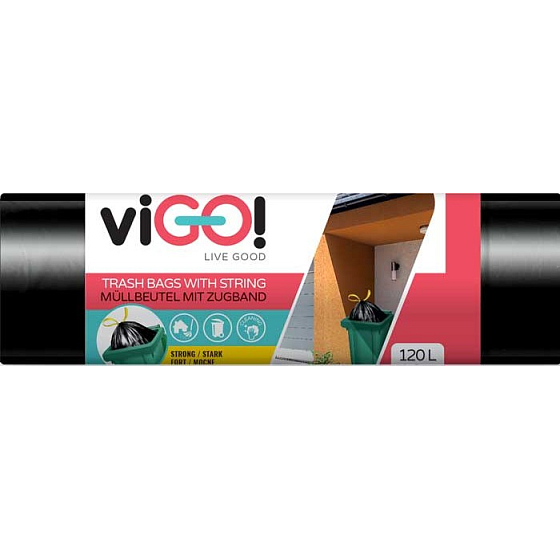 viGo! Pytle na odpad zatahovací černé, 27 µ, 120 litrů 70 x 100 cm 10 kusů