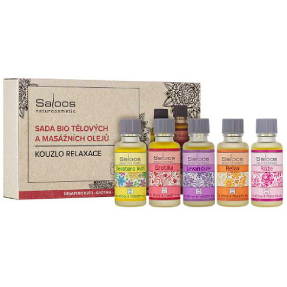 Saloos Kouzlo relaxace Erotika masážní olej 20 ml + Růže tělový a masážní olej 20 ml + Relax tělový a masážní olej 20 ml + Levandule tělový a masážní olej 20 ml + Devatero kvítí tělový a masážní olej 20 ml, kosmetická sada pro ženy