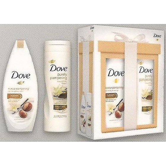 Dove Purely Pampering Bambucké máslo a vanilka vyživující sprchový gel 250 ml + Purely Pampering tělové mléko s bambuckým máslem a jemnou vůní vanilky 250 ml, kosmetická sada