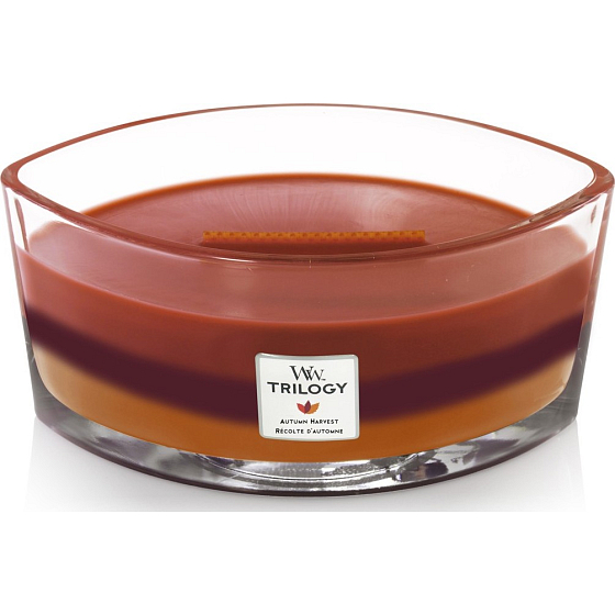 WoodWick Trilogy Autumn Harvest - Podzimní sklizeň vonná svíčka s dřevěným širokým knotem a víčkem sklo loď 453 g