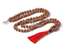 108 Mala Rudraksha meditační šperk, vázaný přírodní náhrdelník, ruční výroba, korálek 8 mm, střapec 8 cm, symbol Óm