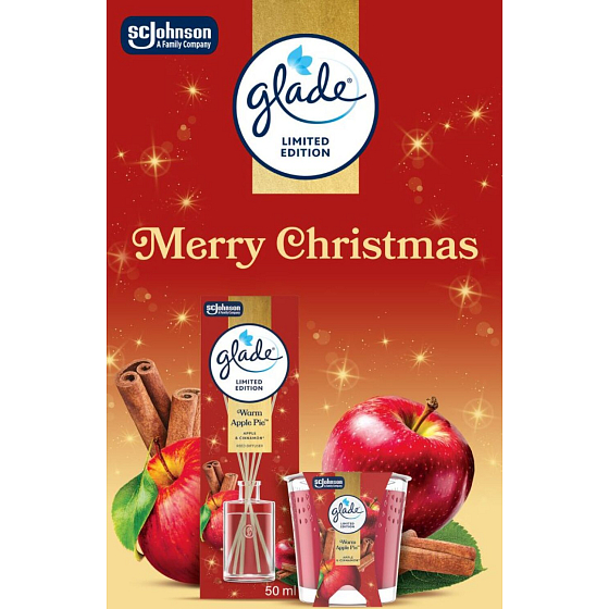 Glade Merry Christmas Warm Apple Pie jabłko i cynamon pachnące patyczki i świeca zapachowa 50 ml + 112 g, zestaw prezentowy