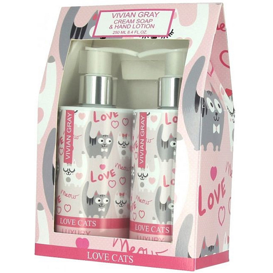 Vivian Gray Love Cats płynne mydło do rąk 250 ml + mleczko do rąk 250 ml, zestaw kosmetyczny